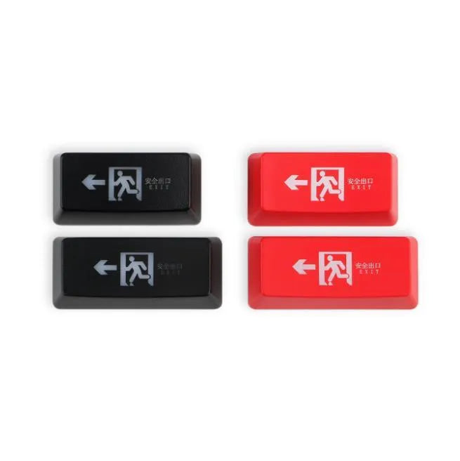 Transparent mechanical keyboard key cap with red evacuation exit symbol for backspace key