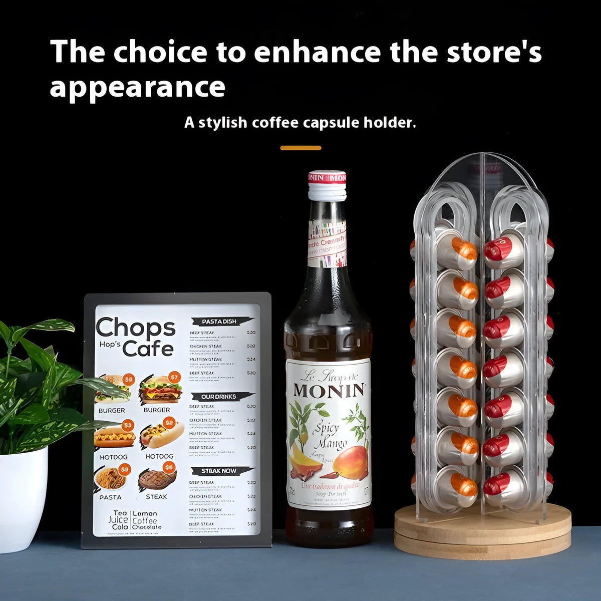 Rotatable acrylic coffee capsule storage rack in solid colour with pad glaze finish, S M L sizes