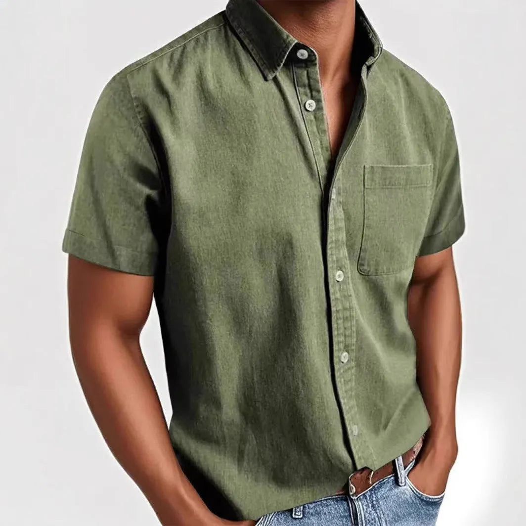 Men's loose fit short sleeve cardigan shirt in a cotton blend fabric, shown on a hanger.
