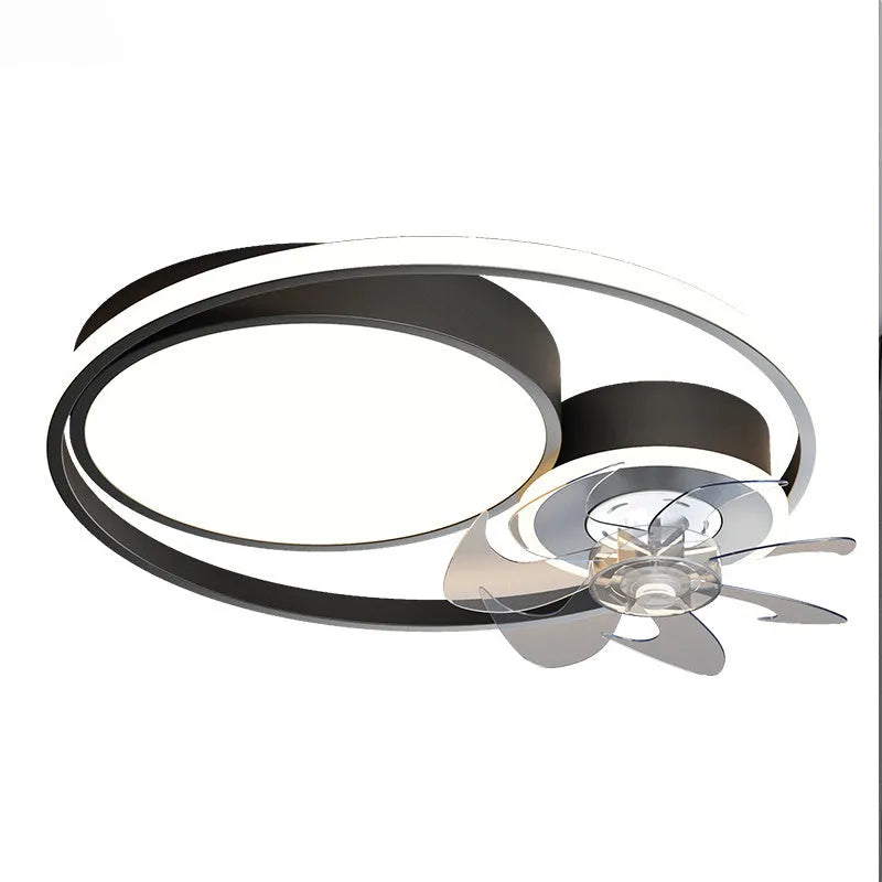 Nordic-style 48cm ceiling fan light with metal blades and acrylic lampshade in black or gold finish.