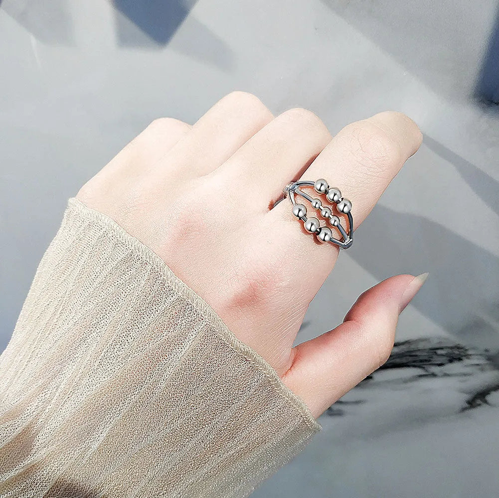 Open adjustable copper ring with three-layer beaded texture and white gold electroplated finish for women