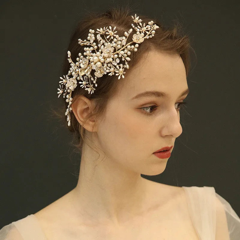 Light gold handmade bridal headdress side clip, 19x10cm, with pearl, iron flower and rhinestone detail