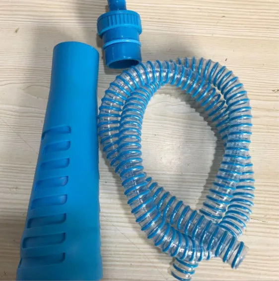 Blue vacuum cleaner suction pipe with round head attachment and three blue opp bags for extended reach cleaning