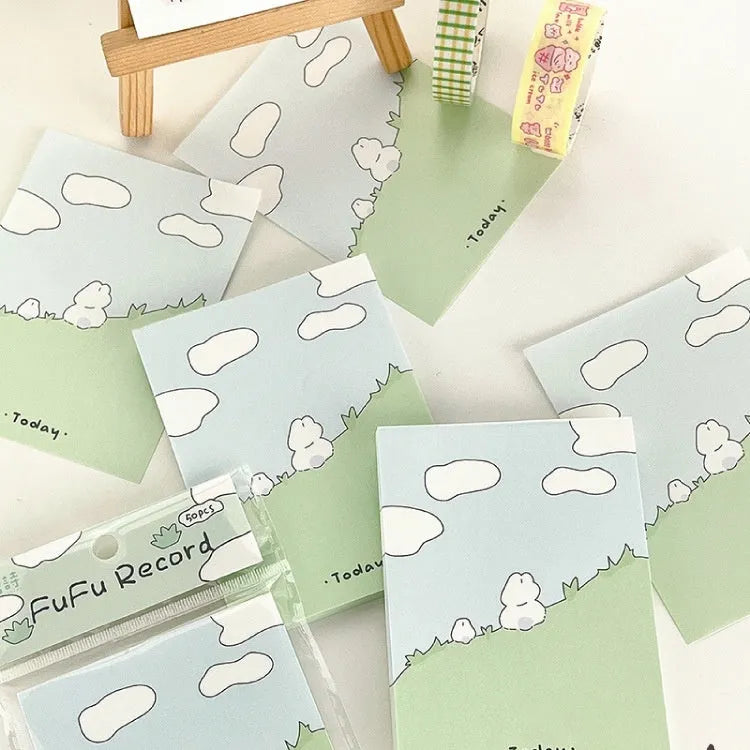 Cute cartoon hand account collage design sticky note pad in one of six styles, showing three size examples.