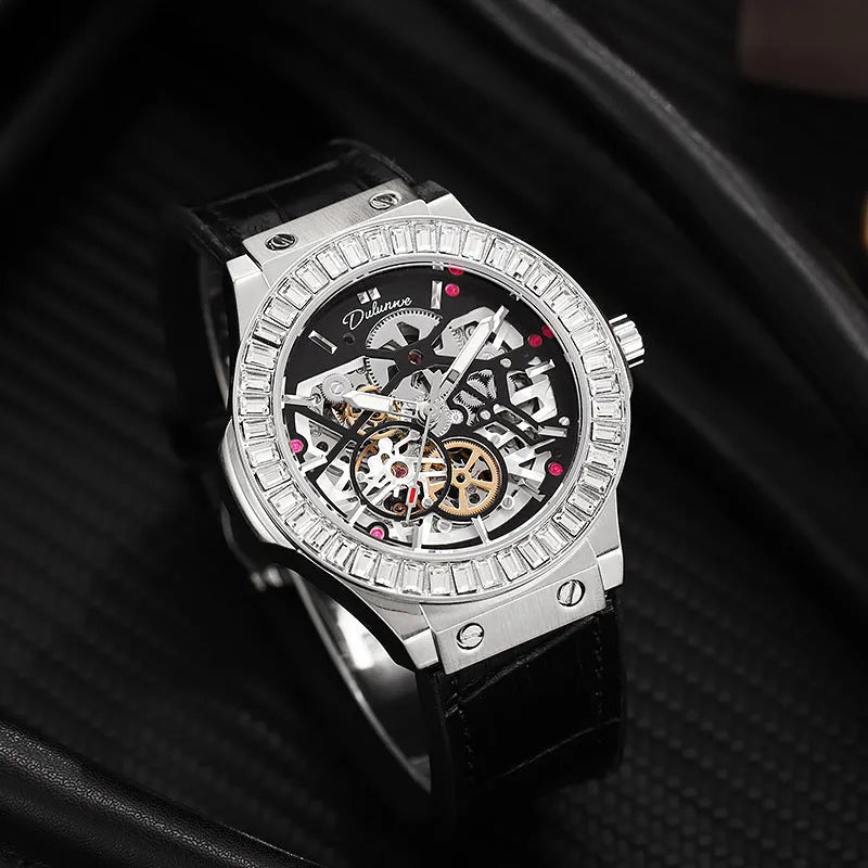 Automatic mechanical men's watch with hollow movement, diamond studs, and a 16mm thick case on a leather strap.