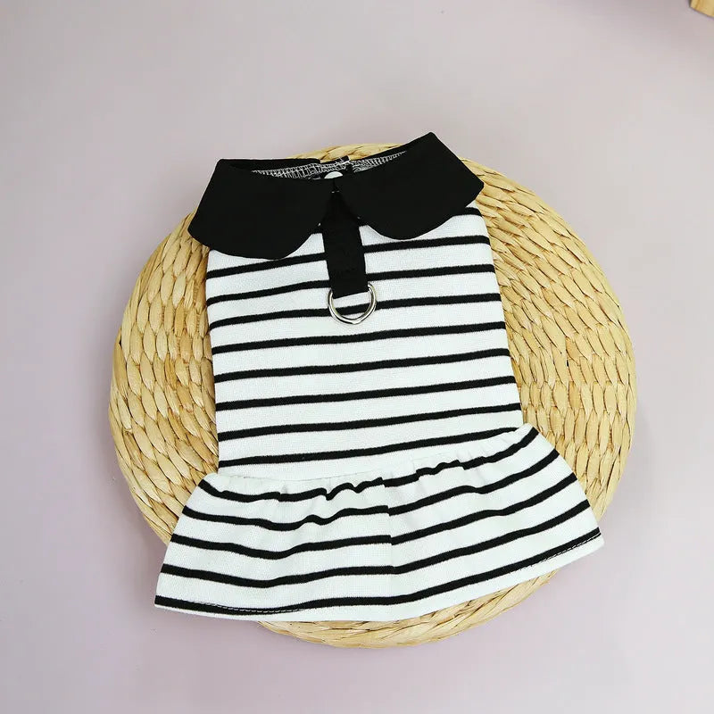 Pet dog wearing cotton summer stripes t-shirt and skirt set