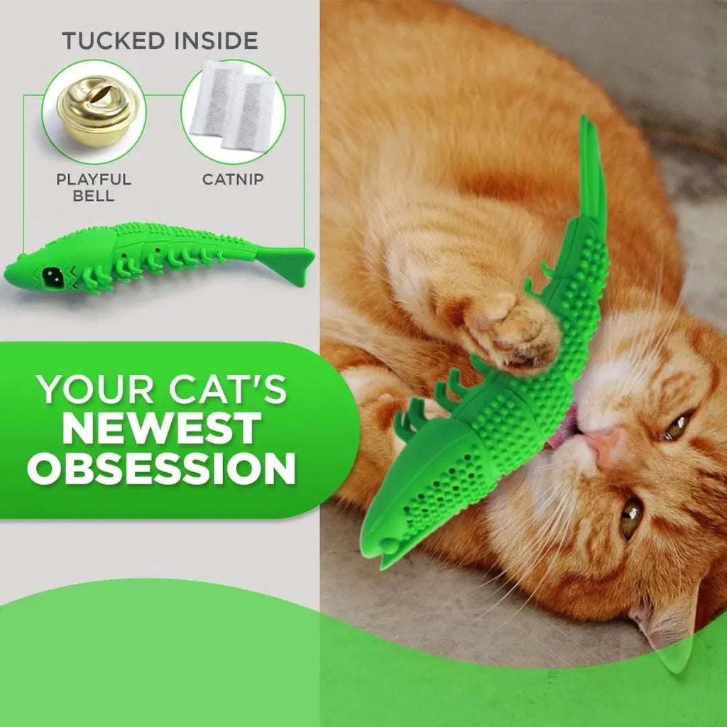 Blue hard rubber cat toy with a 360-degree teeth cleaning design and a bell inside.