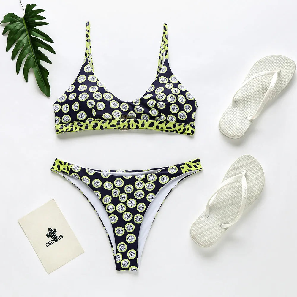 Women's bikini swimsuit in black and white polka dot or red and white stripe pattern.