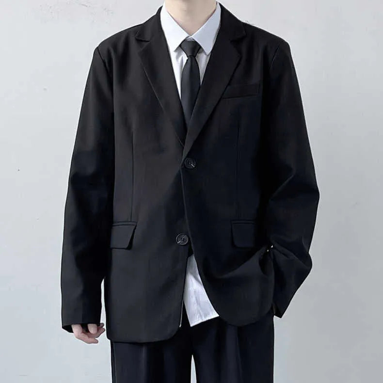 Plus size men's college style suit set with jacket, trousers, white shirt and tie on hanger