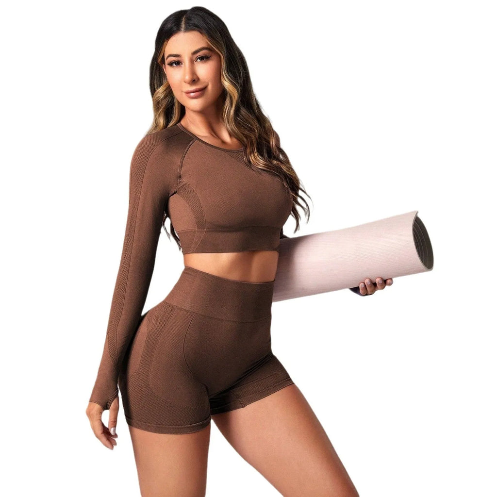 Women's black high waist yoga suit with long sleeve top and quick-drying pants