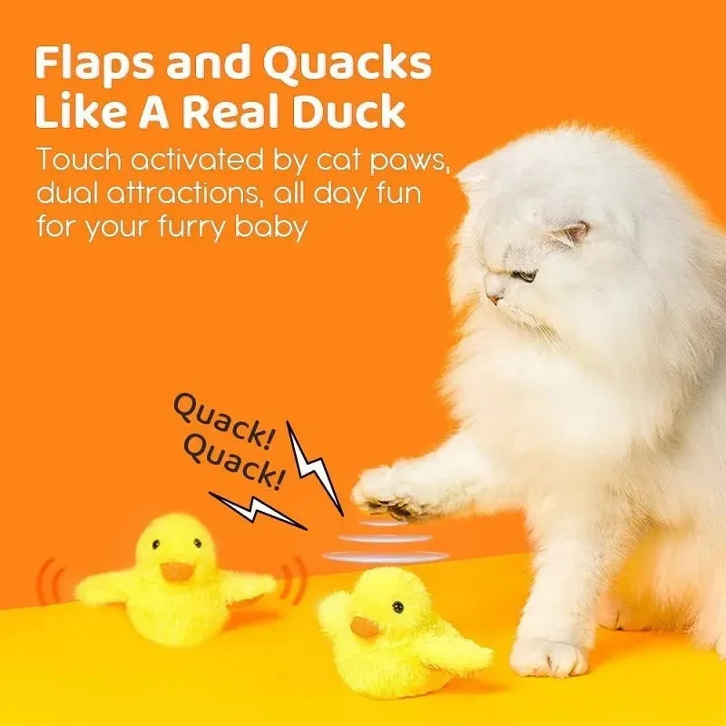 Yellow polyester plush duck-shaped electronic cat toy with USB charging cable.