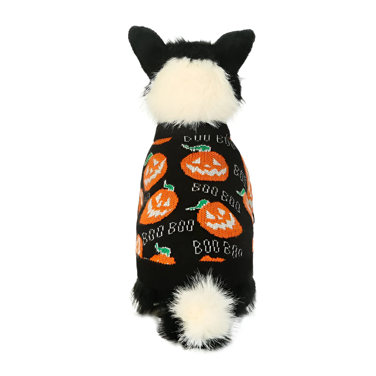 Halloween dog sweater with pumpkin pattern on black polyester fabric