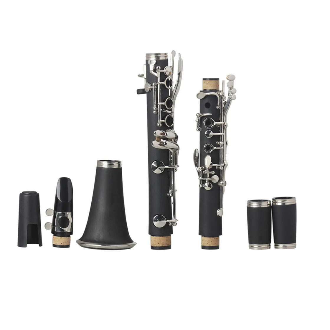 Black Bakelite beginner clarinet with 17 nickel keys and a carry bag.