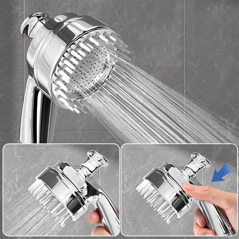 Silver 2-in-1 dog shower attachment with soft silicone comb teeth and ergonomic grip for home bathing