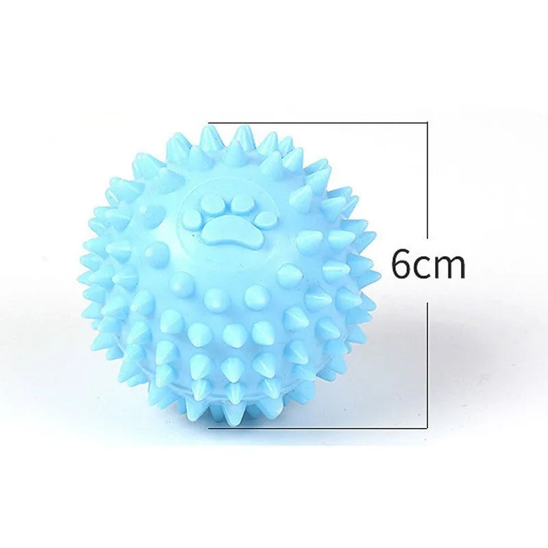 Blue TPR rubber dog toy ball with raised footprint texture for teeth cleaning, 6cm diameter.