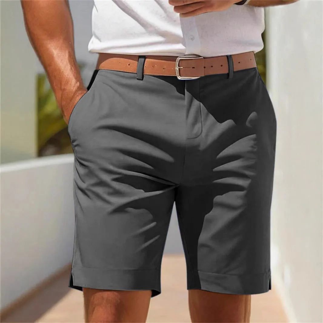 Men's light grey straight-leg polyester casual shorts on a hanger