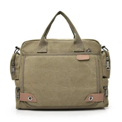 Multi-compartment canvas men's shoulder bag in khaki with horizontal square shape and zip top