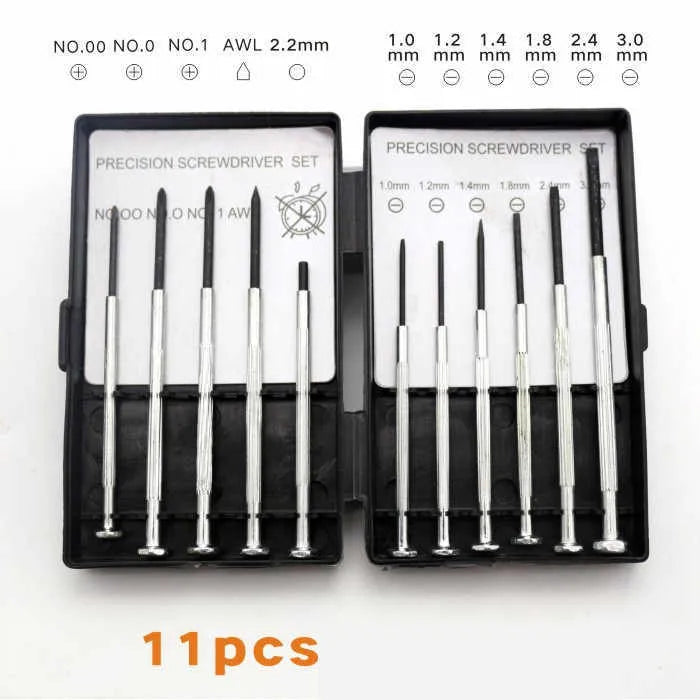 TH-6177 11-piece clock repair screwdriver set with cross and flat heads on a workbench.