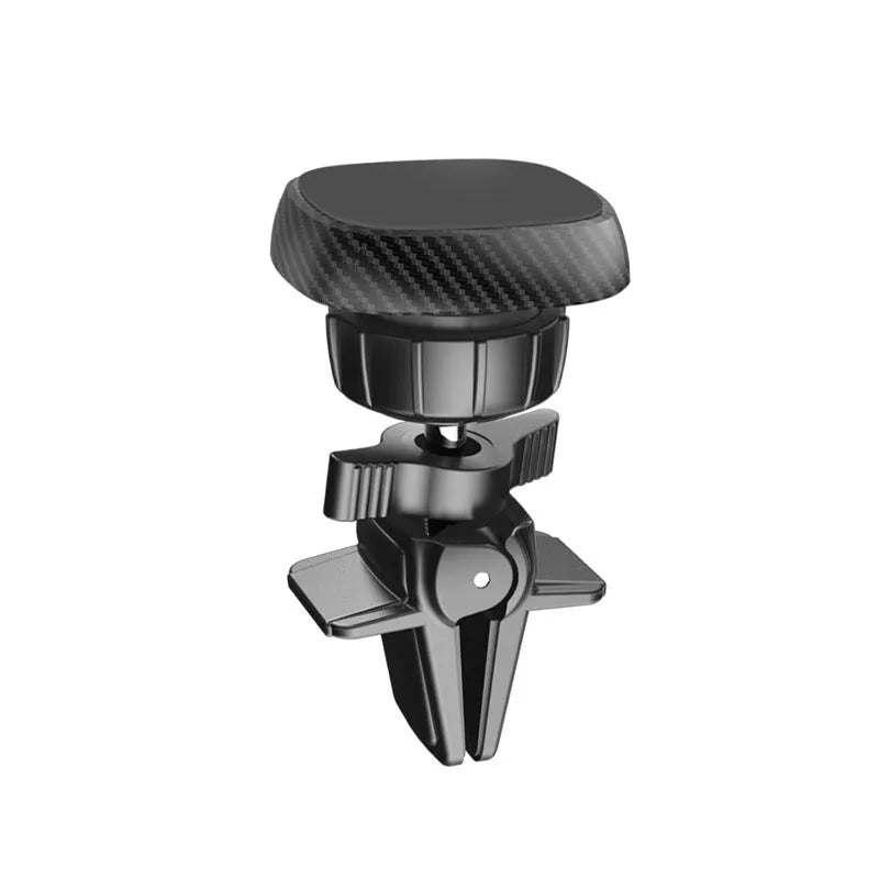 Black magnetic car phone holder attached to vehicle air vent with smartphone mounted