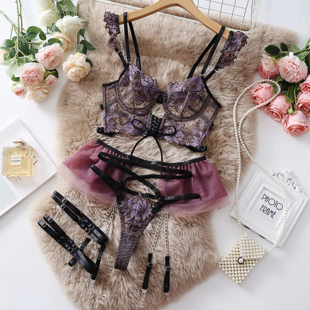 Women's light blue embroidered transparent push-up bra and matching knickers set with lace detailing