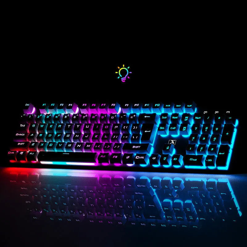 Black three-piece Steampunk Manipulator wired gaming keyboard, mouse and headset set on a desk