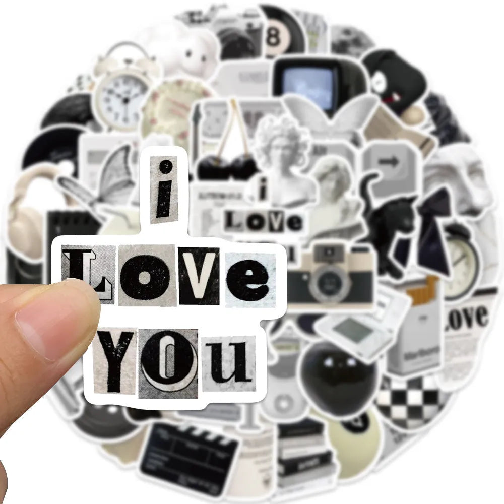 61 black and white waterproof PVC stickers for laptops, phones and luggage