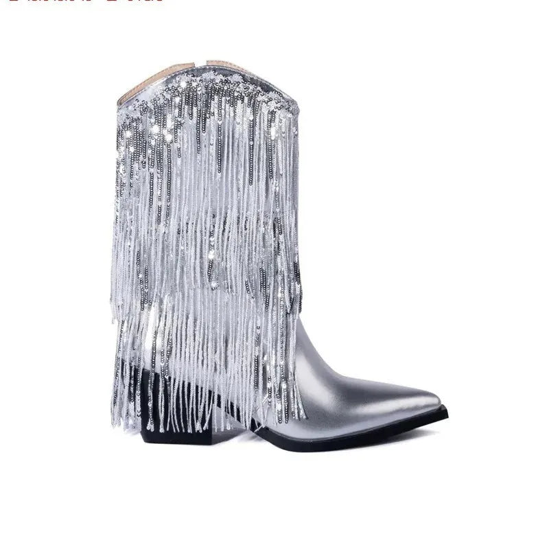 Women's black chunky high heel tassel boots with pointed toe on a white background.