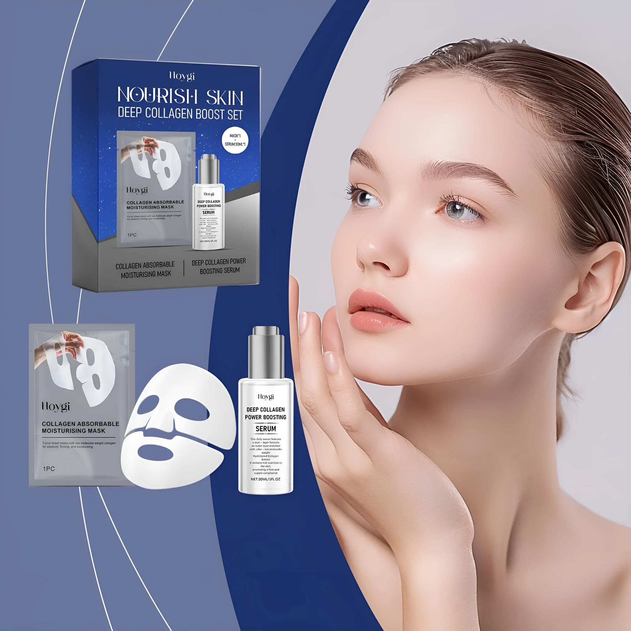 Collagen moisturising skincare set with facial mask and 30ml essence bottle