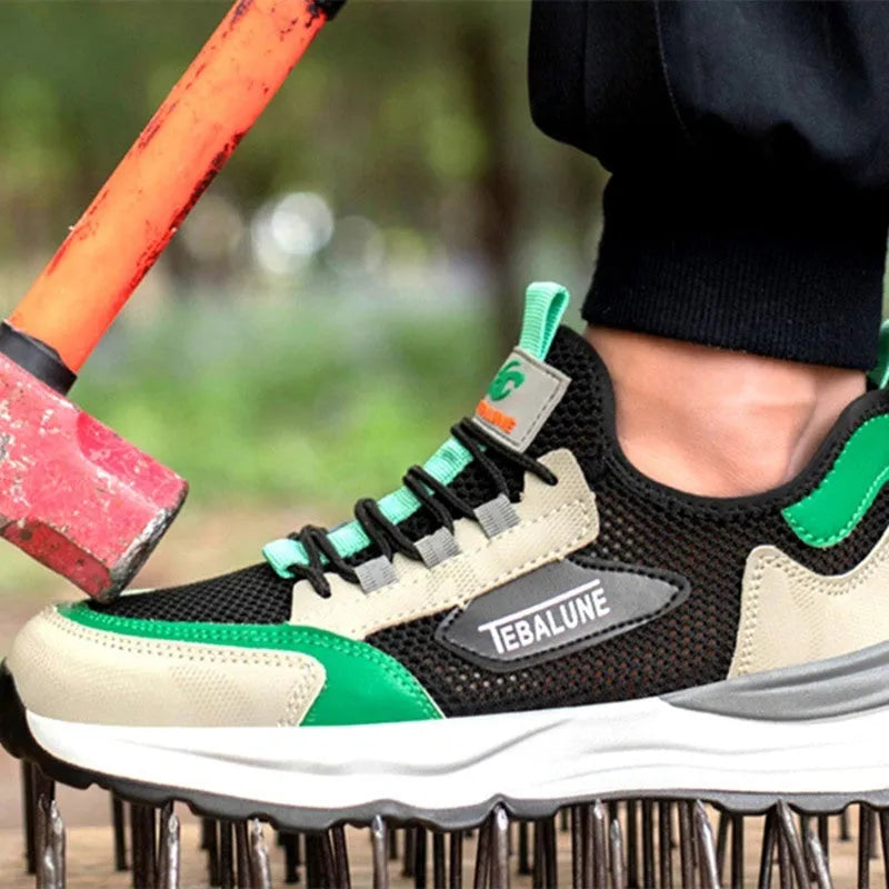 Black green mesh plastic steel toe safety shoes with flyknit upper and low-top design