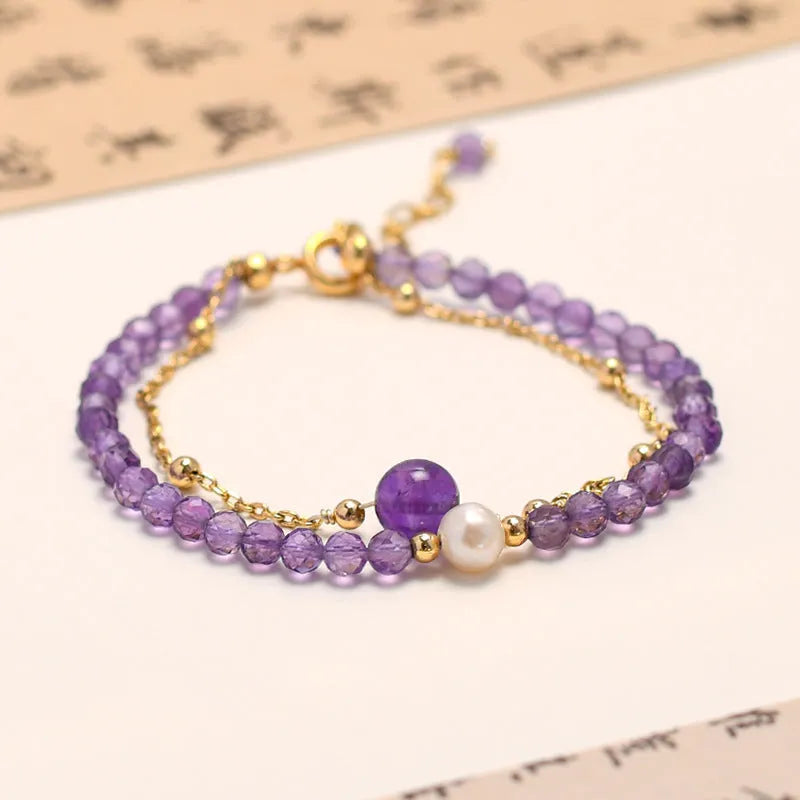Amethyst coloured Chinese style bracelet with electroplated crystal diamond shapes for women