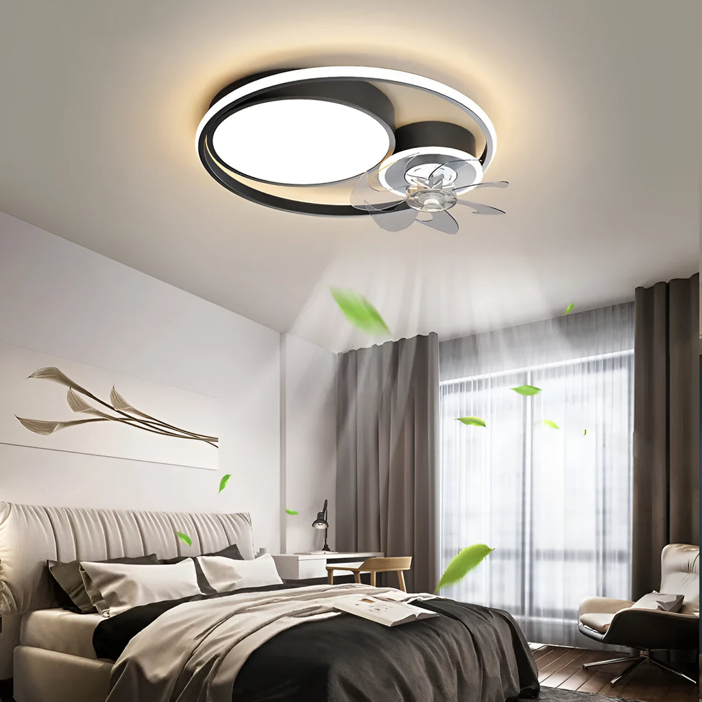 Nordic-style 48cm ceiling fan light with metal blades and acrylic lampshade in black or gold finish.
