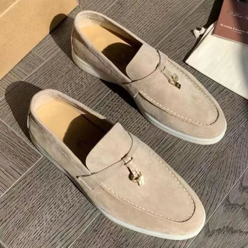 Unisex slip-on loafers with round toe design and decorative stitching in multiple colour options