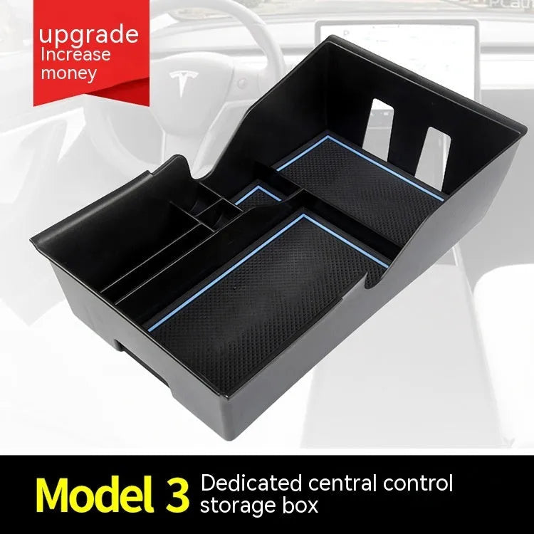 Tesla Model 3 centre console storage box retrofit kit shown installed in vehicle armrest