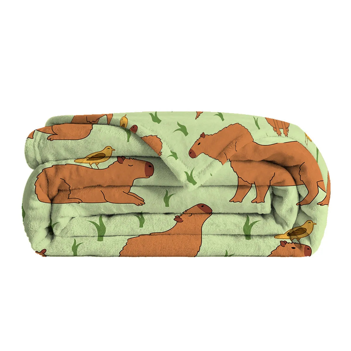 Multicolored flannel blanket with bird and capybara combined pattern on a sofa