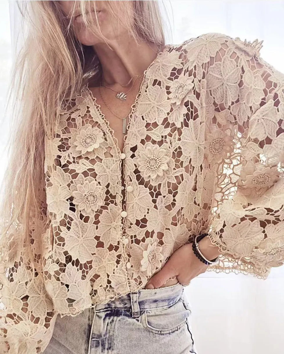 Women's polyester lace cardigan with three-dimensional floral decoration, V-neck, and long sleeves in black colour