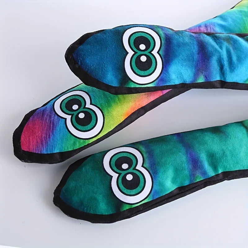 Snake-shaped plush dog squeaky toy with stripe print pattern in blue and green colors