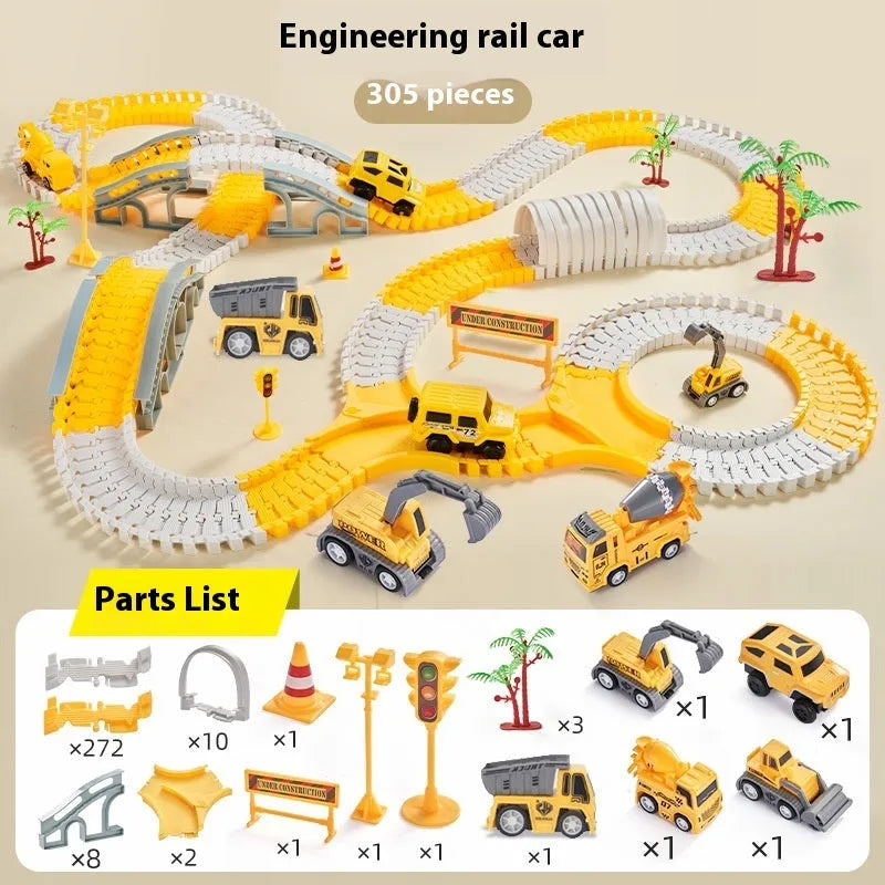 Rail car toy plastic track set with sliding cars and two electric vehicles in multiple colour options