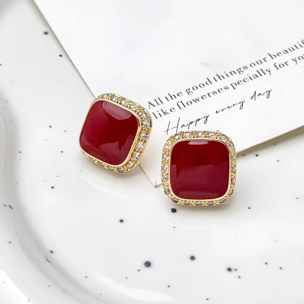 Women's retro red geometric square alloy earrings with inlaid design details