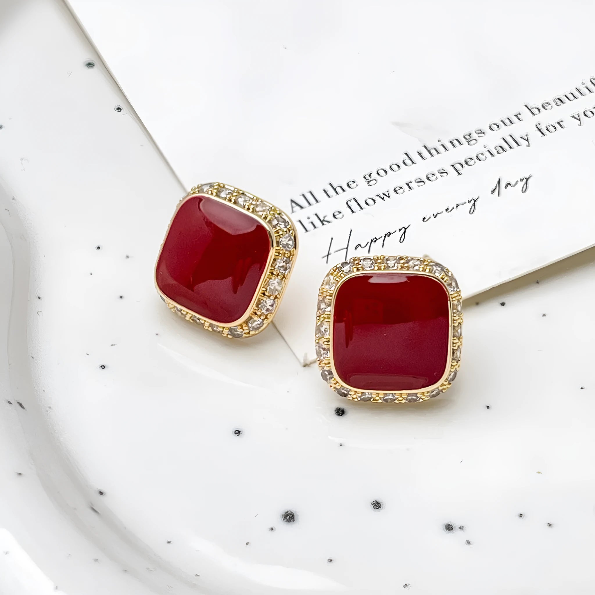 Women's retro red geometric square alloy earrings with inlaid design details