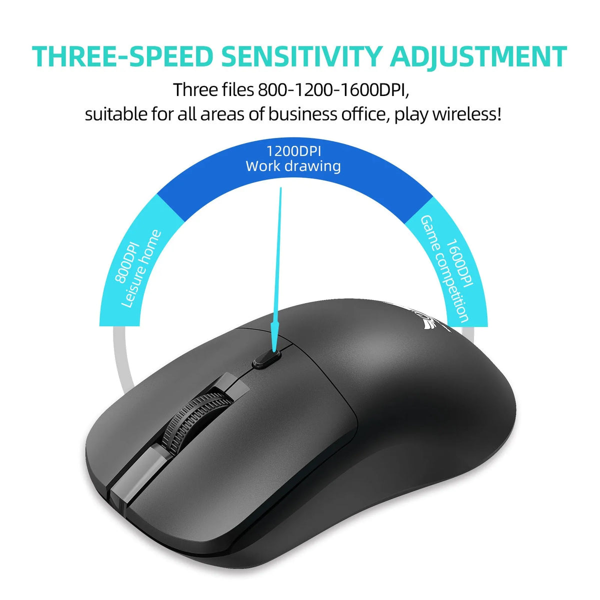 Black wireless computer mouse with three buttons and scroll wheel for laptop use