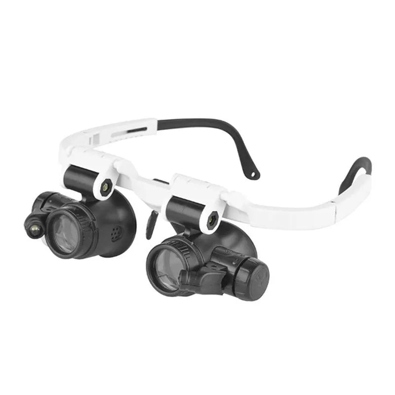 White head mounted magnifying glass with 30 optical glass lenses, folded ABS plastic frame, and LED light for close-up work