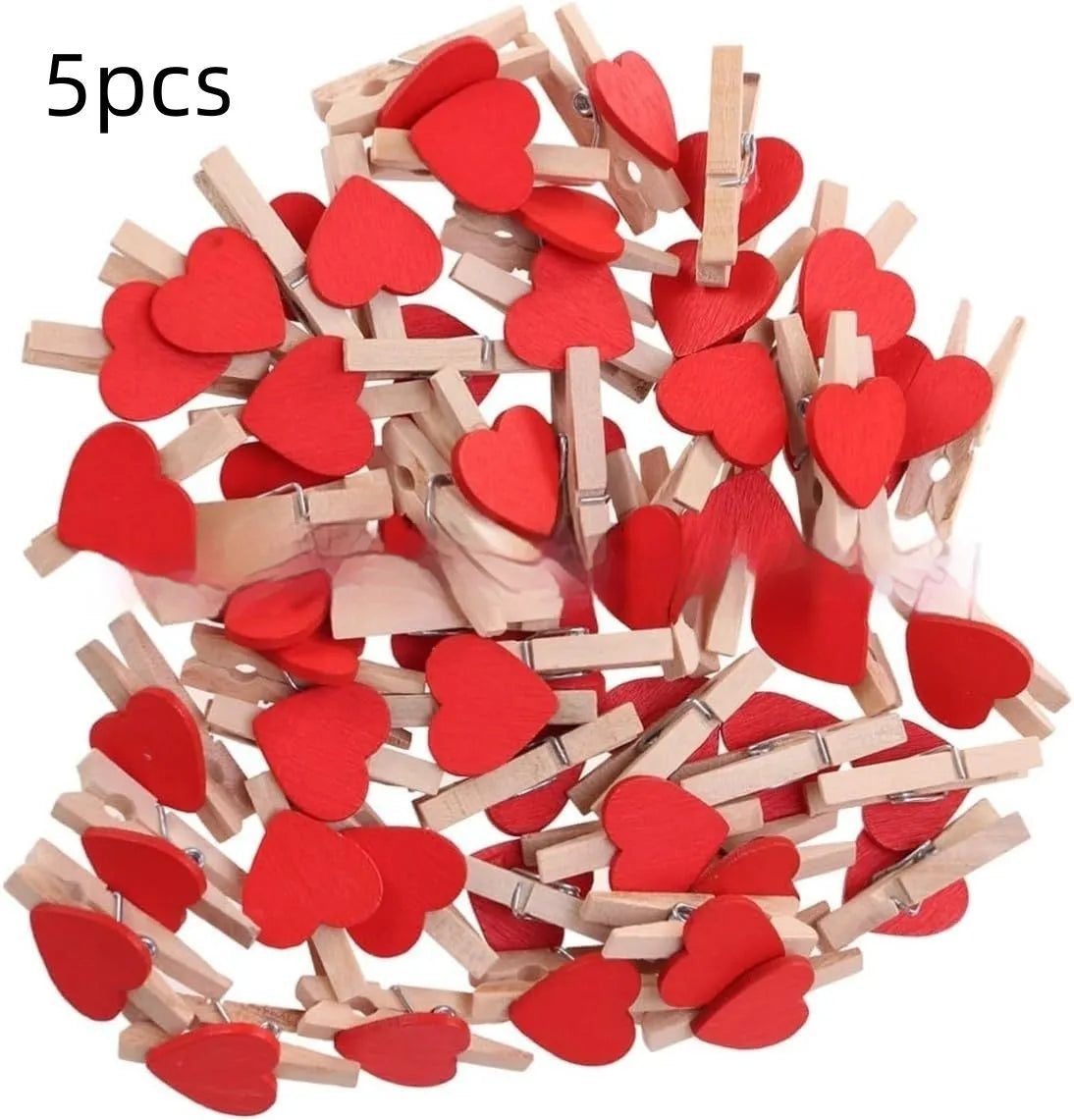 Set of five handmade solid wood heart-shaped hair clips in red, white, pink, yellow and rose.