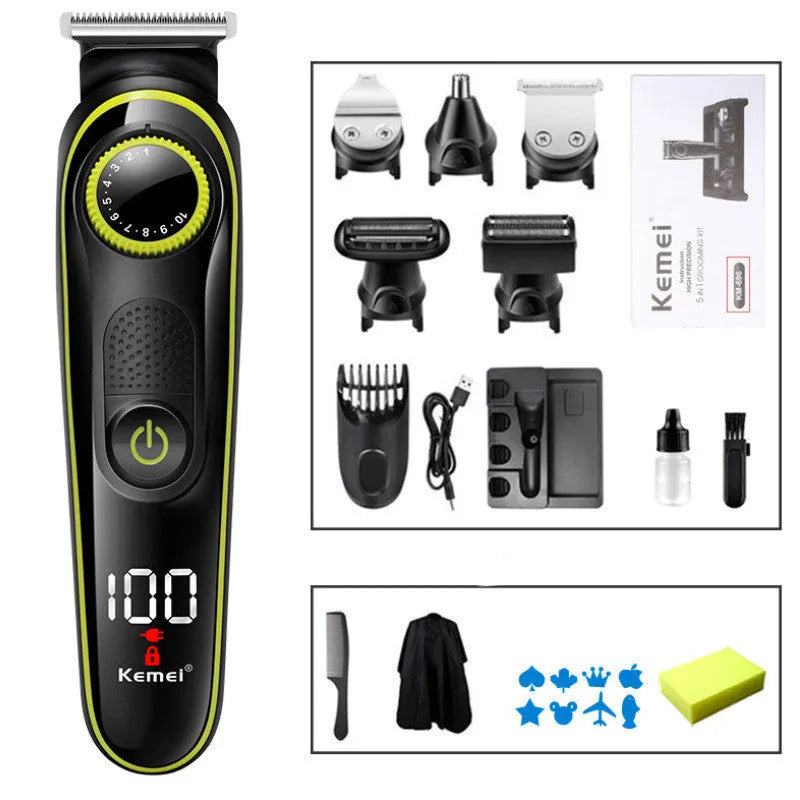 Black KM-696 rechargeable electric hair clipper set with stainless steel blade and cleaning accessories.