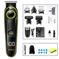 Black KM-696 rechargeable electric hair clipper set with stainless steel blade and cleaning accessories.