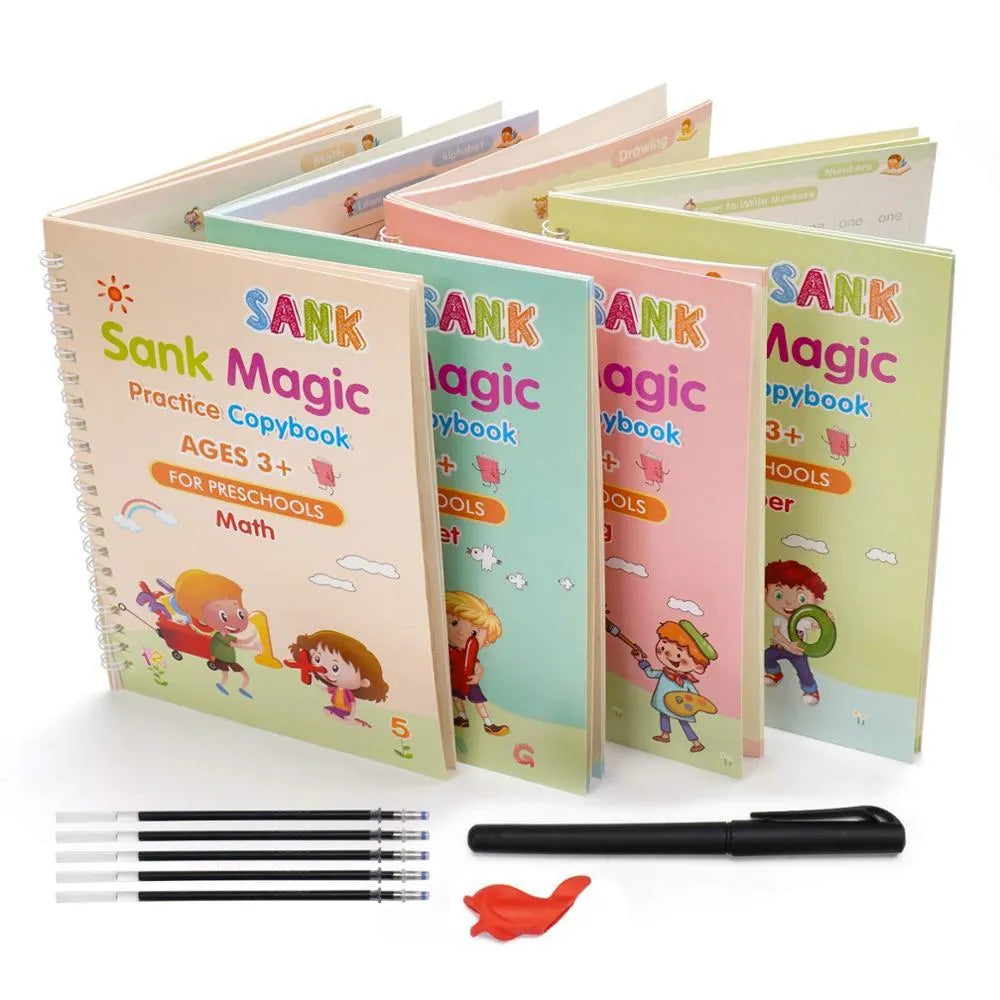 Children's English sticker copybook set with 4 paper books and a calligraphy pen