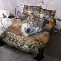 Brown 3-piece wolf print duvet set with microfiber comforter and two pillow shams on bed