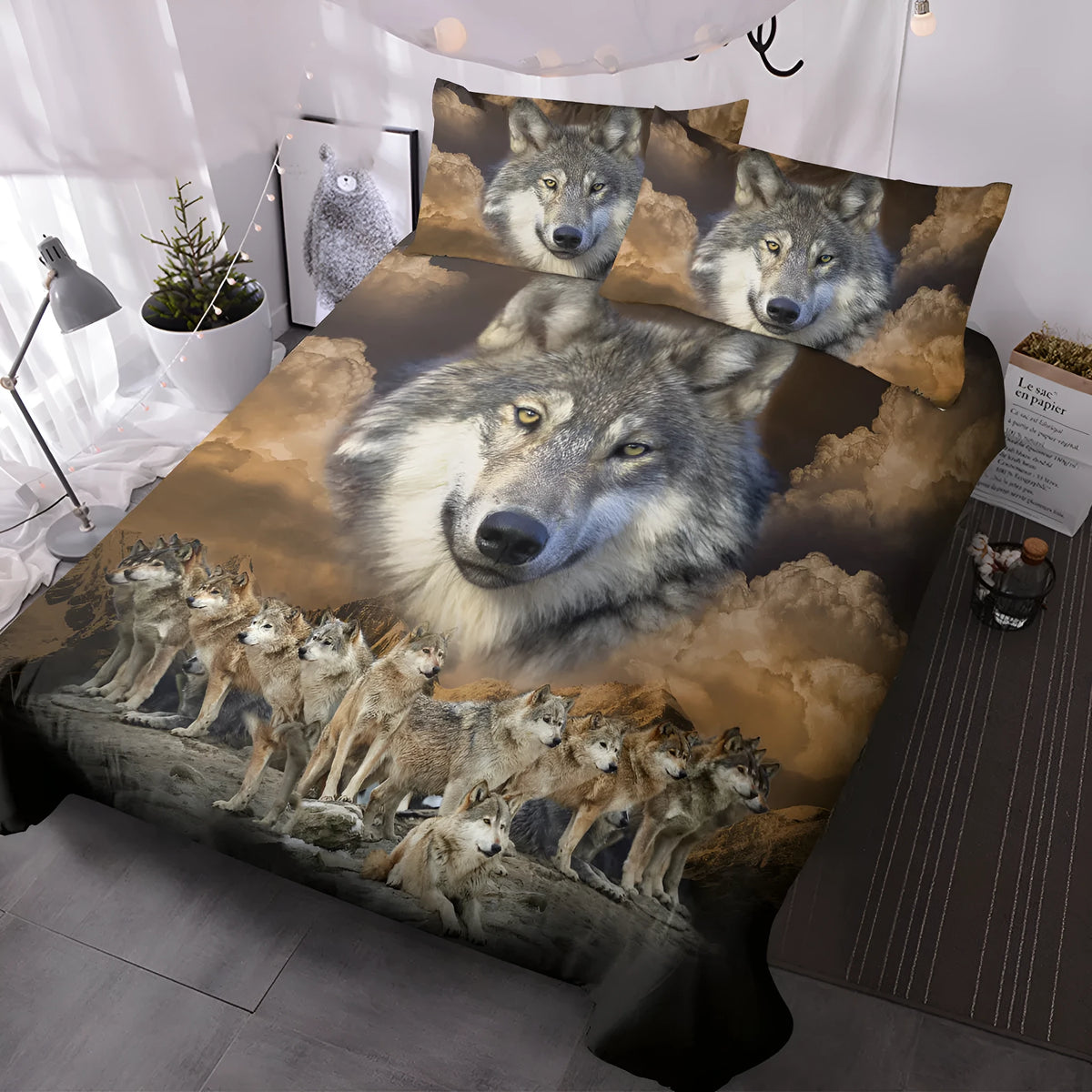 Brown 3-piece wolf print duvet set with microfiber comforter and two pillow shams on bed