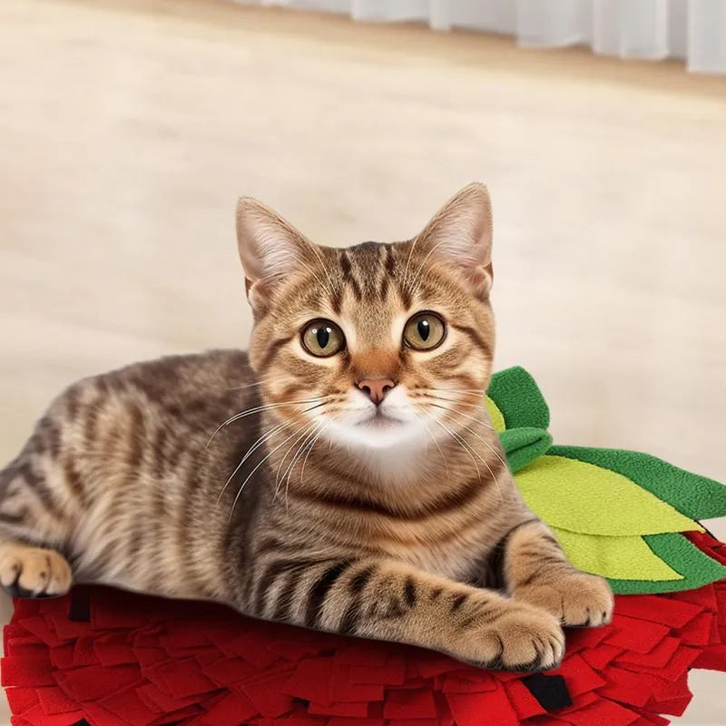 Red and green strawberry-shaped pet sniffing mat for slow feeding dogs and cats.
