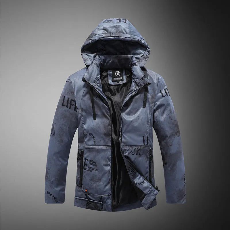 Men winter jacket with velvet pattern in black, blue, and white; thickened cotton casual coat