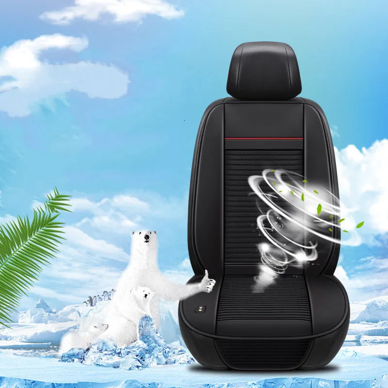 Black single seat ice silk blowing and cooling car cushion with ventilation controls for 12V 24V vehicles